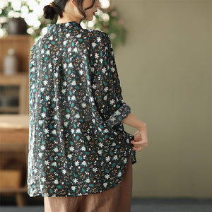 Áo sơ mi linen dài tay cổ pipi xếp ly in hoa nhí - NU6693