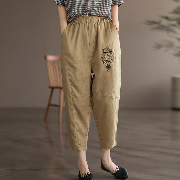 Quần baggy linen lưng thun thêu cô bé tóc xù - NU6830