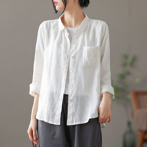Áo sơ mi linen dài tay cổ pipi một túi xếp ly - NU6760