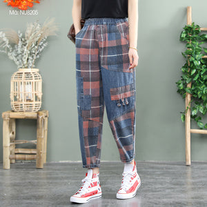 Quần baggy denim retro lưng thun kẻ sọc caro - NU8205