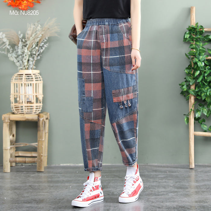 Quần baggy denim retro lưng thun kẻ sọc caro - NU8205