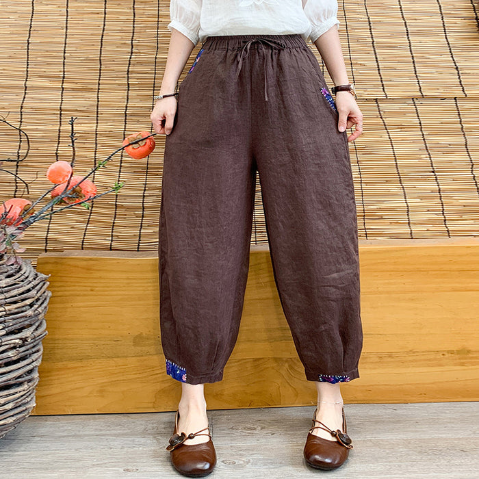 Quần baggy linen lưng thun dây rút ống túm phối vải màu - NU7154