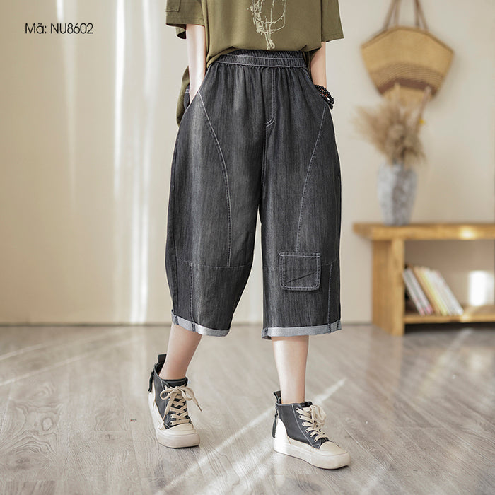 Quần baggy lửng denim lưng thun một túi vuông kiểu - NU8602
