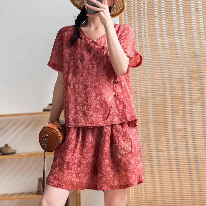 Bộ đồ gồm áo sơ mi ngắn tay khuy tàu và quần sooc in hoa liti - NU7210