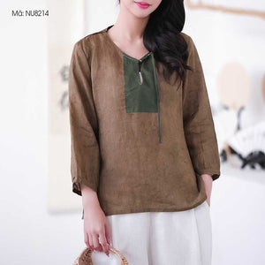 Áo sơ mi linen dài tay cổ V phối mảng màu - NU8214