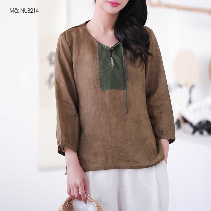 Áo sơ mi linen dài tay cổ V phối mảng màu - NU8214