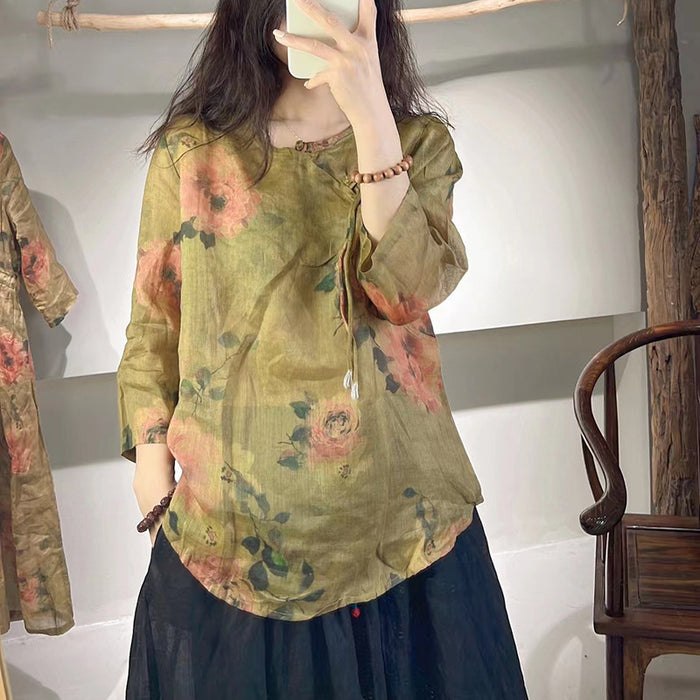 Áo sơ mi linen tay lửng cổ tròn vạt xéo khuy tròn in hoa văn - NU7269