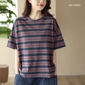 Áo T-shirt ngắn tay cổ tròn kẻ sọc - NU8453