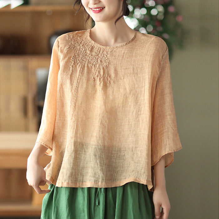 Áo sơ mi linen tay lửng cổ tròn thêu cành hoa một khuy sau - NU7517