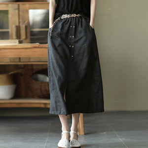Chân váy linen lưng thun hai hàng khuy kèm thắt lưng - V001