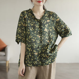 Áo sơ mi linen ngắn tay cổ V đính bèo in hoa lá - NU7300
