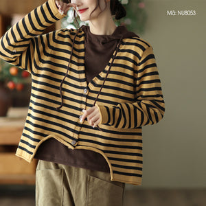 Áo khoác len cardigan dài tay cổ V kẻ sọc  - NU8053