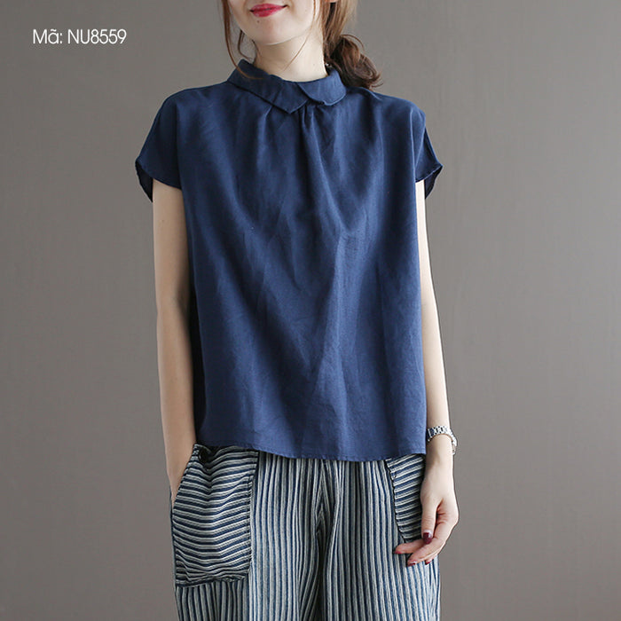 Áo sơ mi linen ngắn tay cổ pipi khuy cài sau một màu - NU8559