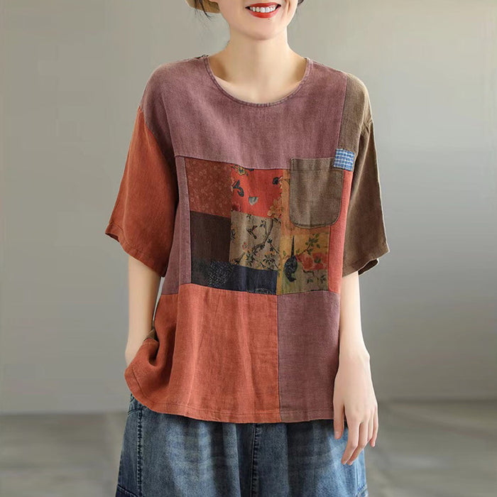 Áo T-shirt linen ngắn tay cổ tròn mảng màu chắp vá - NU7464