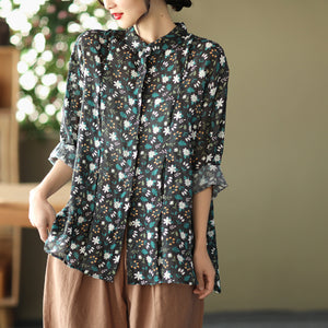 Áo sơ mi linen dài tay cổ pipi xếp ly in hoa nhí - NU6693