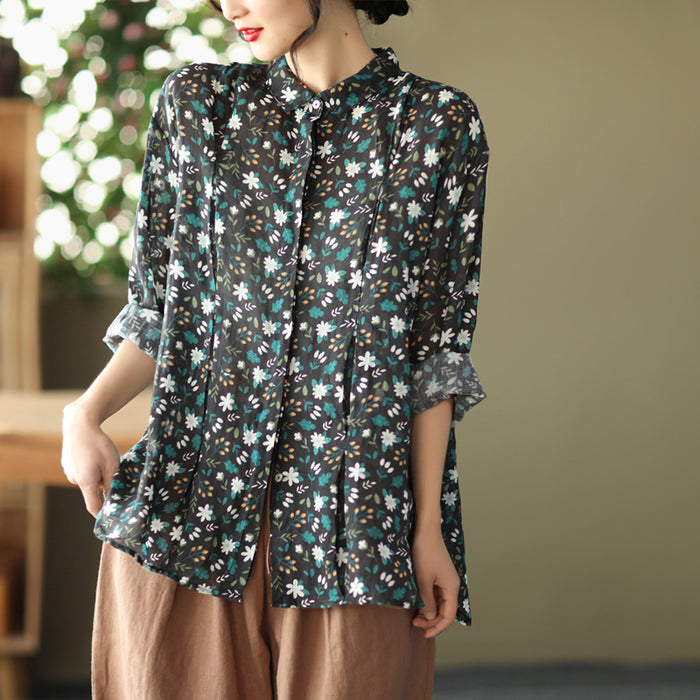 Áo sơ mi linen dài tay cổ pipi xếp ly in hoa nhí - NU6693