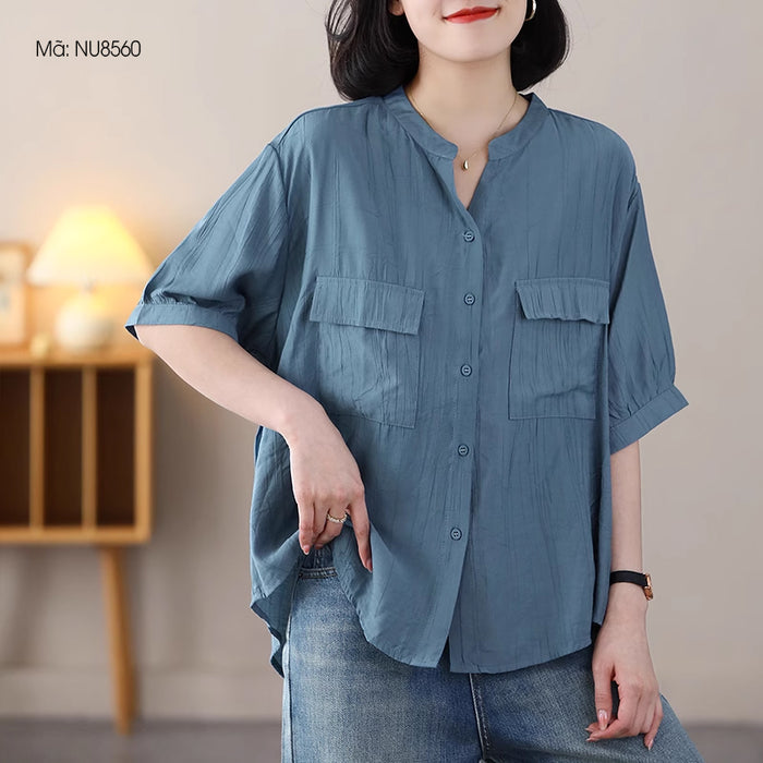 Áo sơ mi linen ngắn tay cổ V hai túi vuông - NU8560