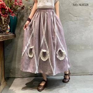 Chân váy retro linen lưng thun thêu ren 3D - NU8328