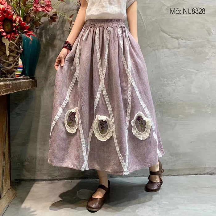 Chân váy retro linen lưng thun thêu ren 3D - NU8328