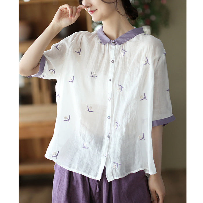 Áo sơ mi linen ngắn tay cổ pipi lệch màu thêu bông hoa cô đơn - NU7399
