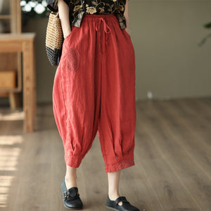Quần baggy linen lưng thun dây rút thêu hoa hồng - NU7324