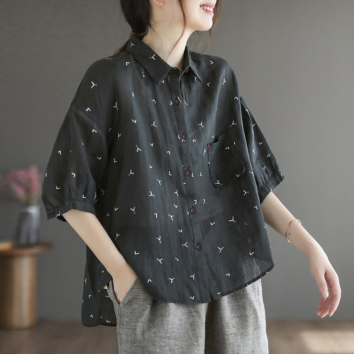 Áo sơ mi linen ngắn tay cổ đức in mỏ neo - NU7424