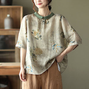Áo sơ mi linen ngắn tay cổ pipi họa tiết hoa lá - NU6806