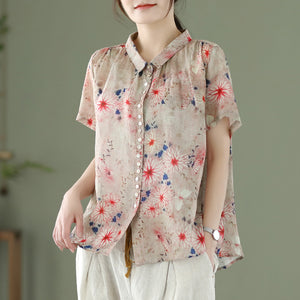 Áo sơ mi linen ngắn tay cổ pipi in hoa lá một túi nhỏ - NU6908