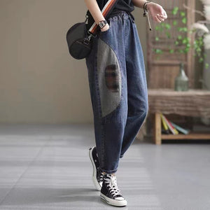 Quần baggy denim lưng thun chắp vá hình bán nguyệt - NU6675