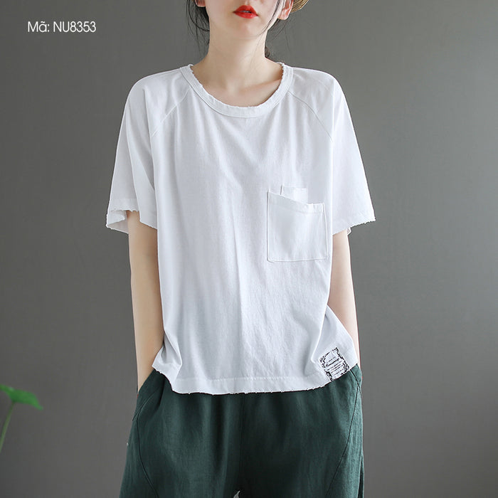 Áo T-shirt ngắn tay cổ tròn kiểu túi đôi vạt mullet - NU8353