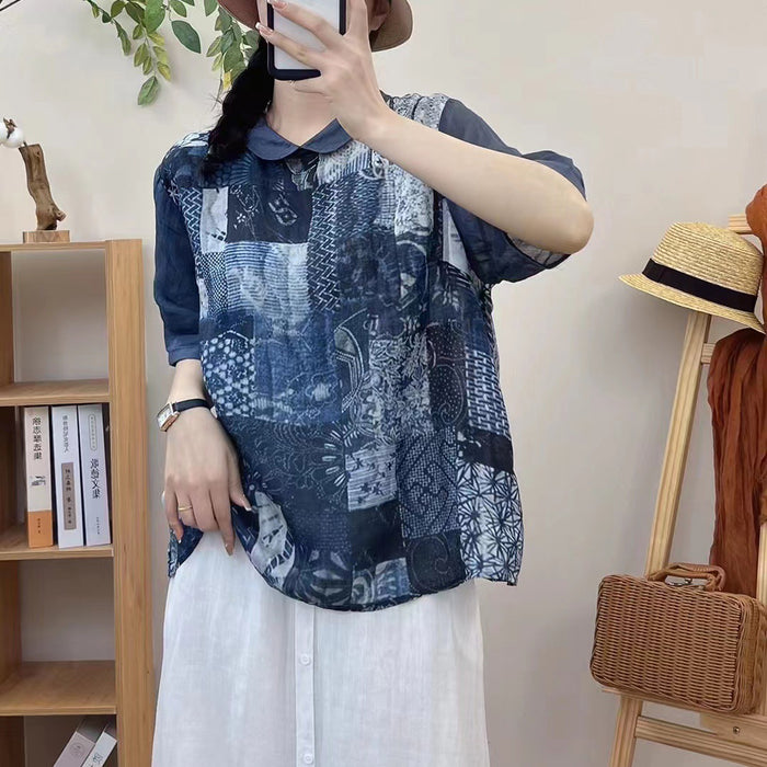 Áo sơ mi linen ngắn tay cổ in hoa văn trừu tượng khuy cài sau - NU7216