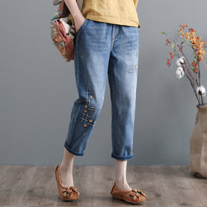 Quần baggy denim hai túi chéo thêu hoa kẻ - NU3704 - kamaka.vn - thời trang nhật