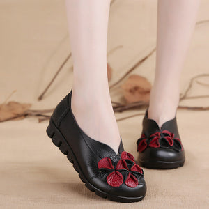 Giày da retro Morigirl đế bệt đính hoa may thủ công - OD0417