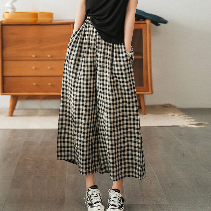 Quần baggy linen lưng thun kẻ sọc caro ống rộng - NU7114