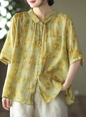 Áo sơ mi linen ngắn tay khuy cài cổ pipi in hoa lá một túi nhỏ - NU6953