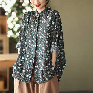 Áo sơ mi linen dài tay cổ pipi xếp ly in hoa nhí - NU6693