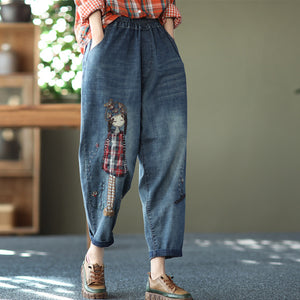 Quần baggy denim lưng thun thêu cô gái - NU6712