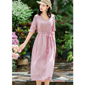 Đầm liền linen retro ngắn tay cổ V một màu - NU5899
