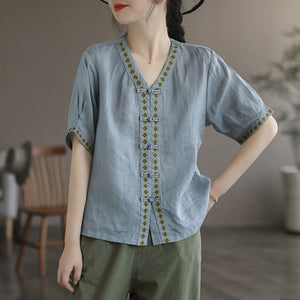 Áo sơ mi linen ngắn tay cổ V khuy tròn hoa văn thổ cẩm - NU6965