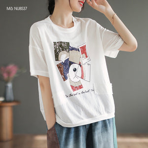 Áo T-shirt linen dệt kim ngắn tay cổ tròn in mặt chú gấu - NU8537