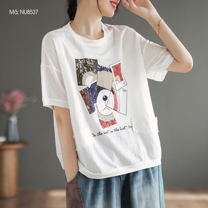 Áo T-shirt linen dệt kim ngắn tay cổ tròn in mặt chú gấu - NU8537