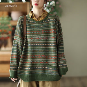 Áo len dài tay cổ tròn hoa văn thổ cẩm - NU7944