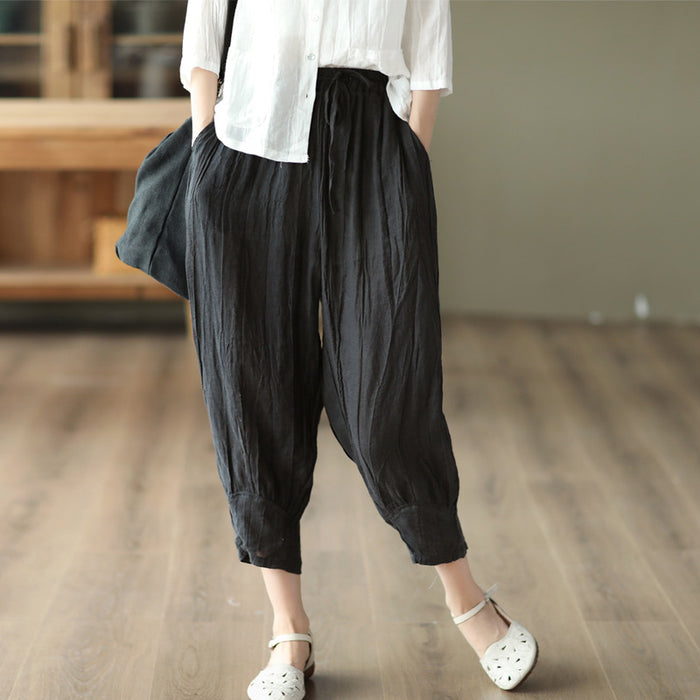 Quần baggy linen lưng thun dây rút ống túm xếp ly - NU7477