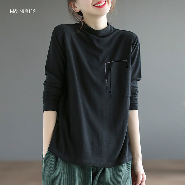 Áo T-shirt dài tay cao cổ một túi kiểu - NU8112