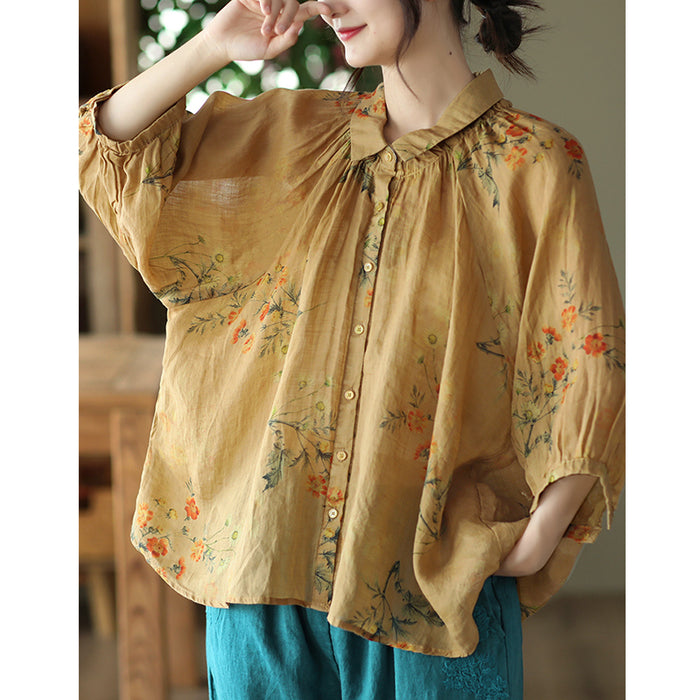 Áo sơ mi linen ngắn cổ pipi xếp ly in bụi hoa - NU7435