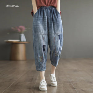 Quần baggy denim lưng thun thêu sợi màu - NU7226