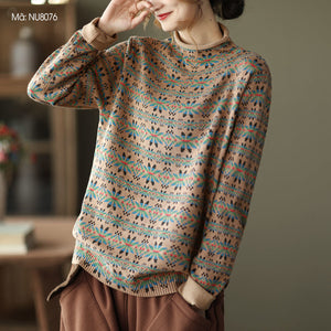Áo T-shirt dệt kim dài tay cổ cao hoa văn cân đối  - NU8076