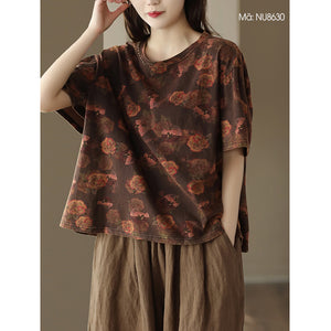 Áo T-shirt ngắn tay cổ tròn in hoa lá đơn sắc - NU8630