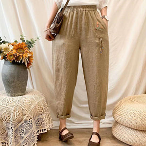 Quần baggy linen lưng thun thêu giỏ hoa - NU7316
