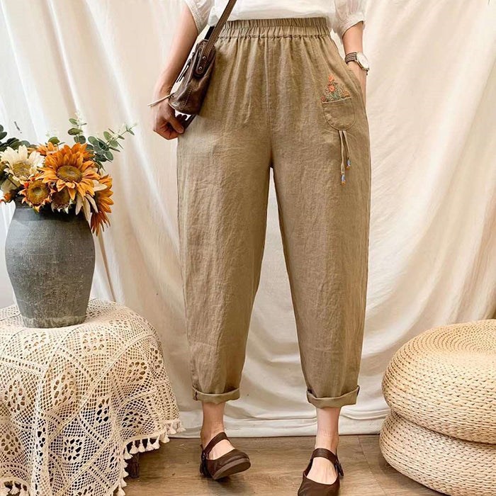 Quần baggy linen lưng thun thêu giỏ hoa - NU7316